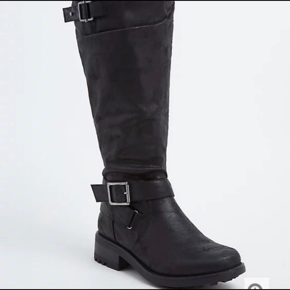 Torrid Black Faux Leather Buckle Knee High Boots Wide Calf Sz 10W NEW